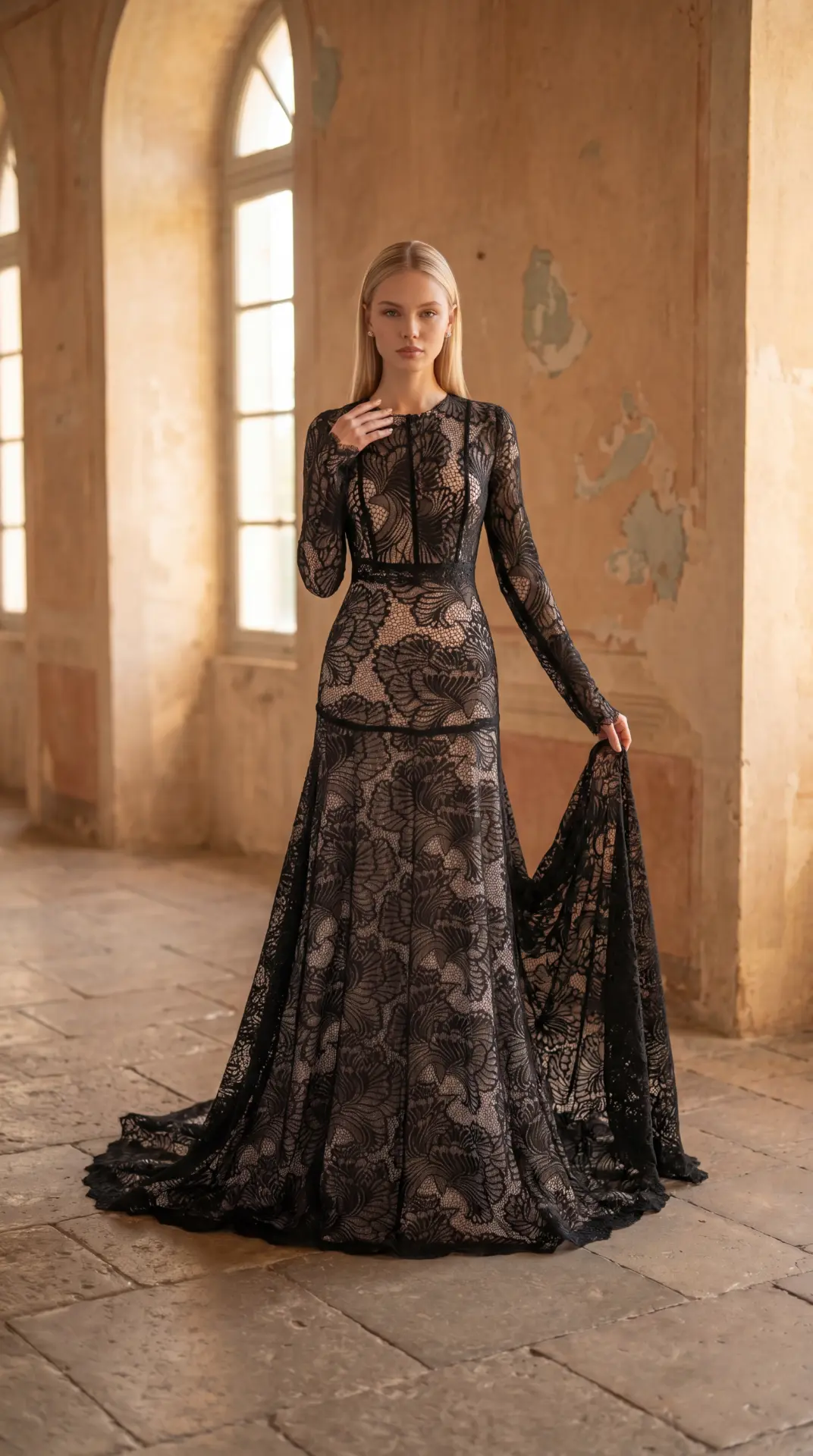 GCC luxury fashion 2026 report cover — black lace floor-length modest evening gown photographed in a sunlit arched Gulf-style interior
