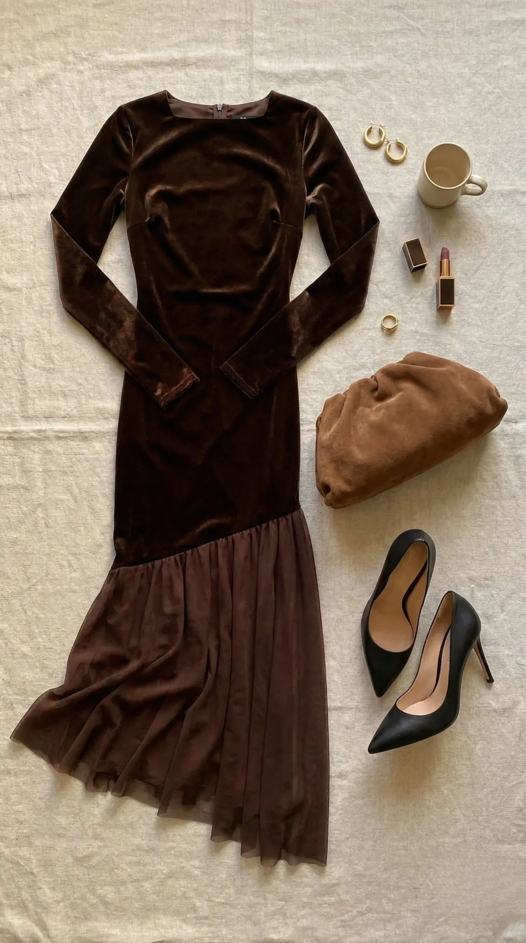 Premium modest fashion visual identity — lace dress photographed in a doorway with editorial lighting