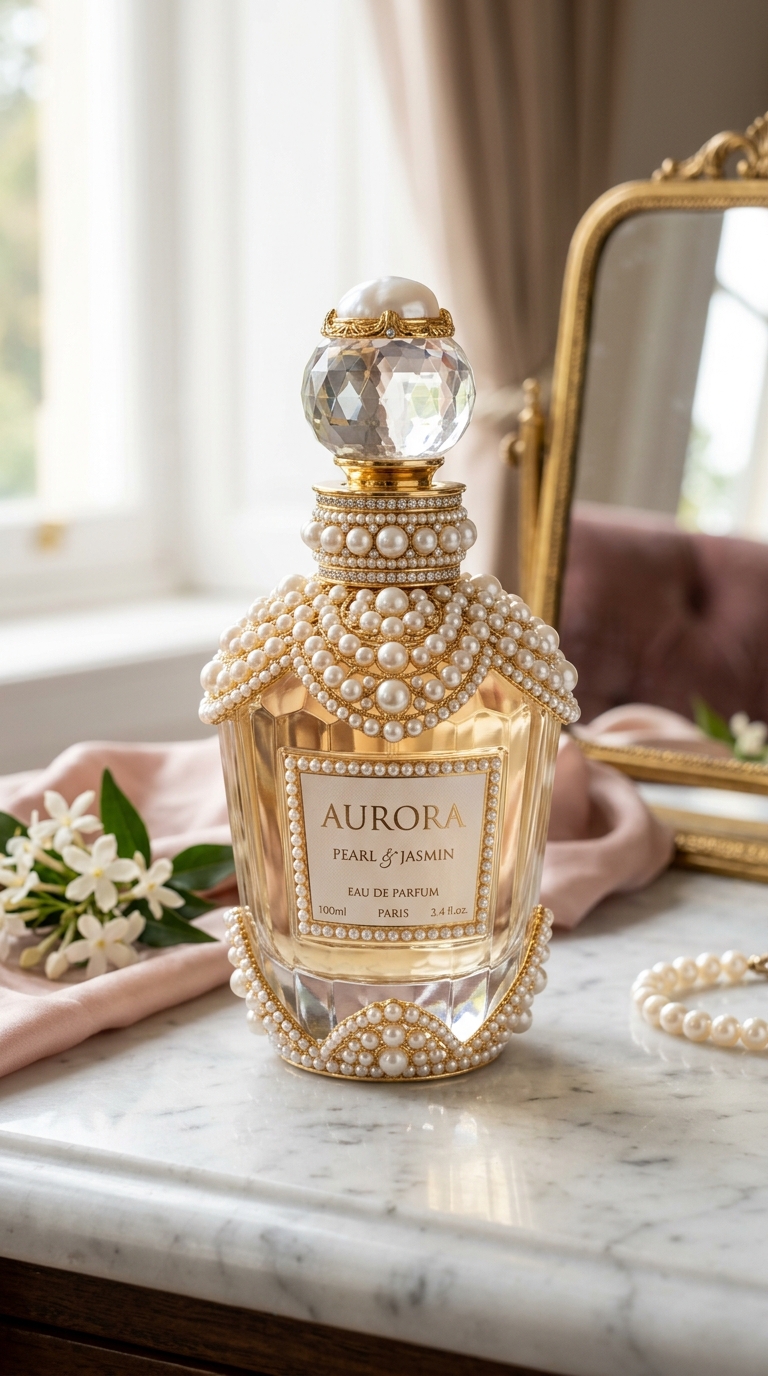 GCC fashion investment report 2026 cover — luxury pearl-set perfume bottle styled on marble, symbolising capital flowing into Gulf luxury fashion