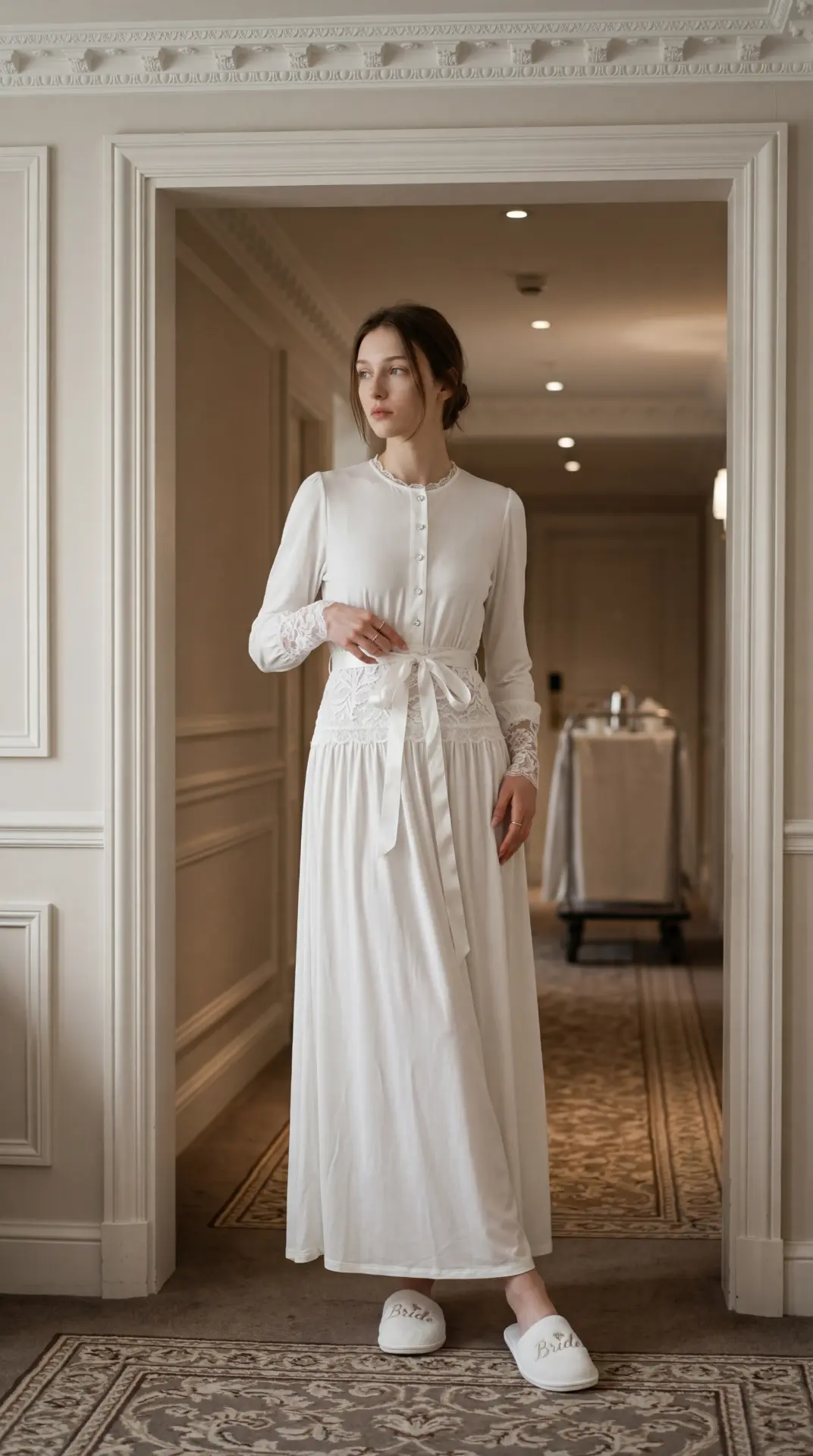 Luxury modest fashion evening look photographed at night — GCC market campaign imagery