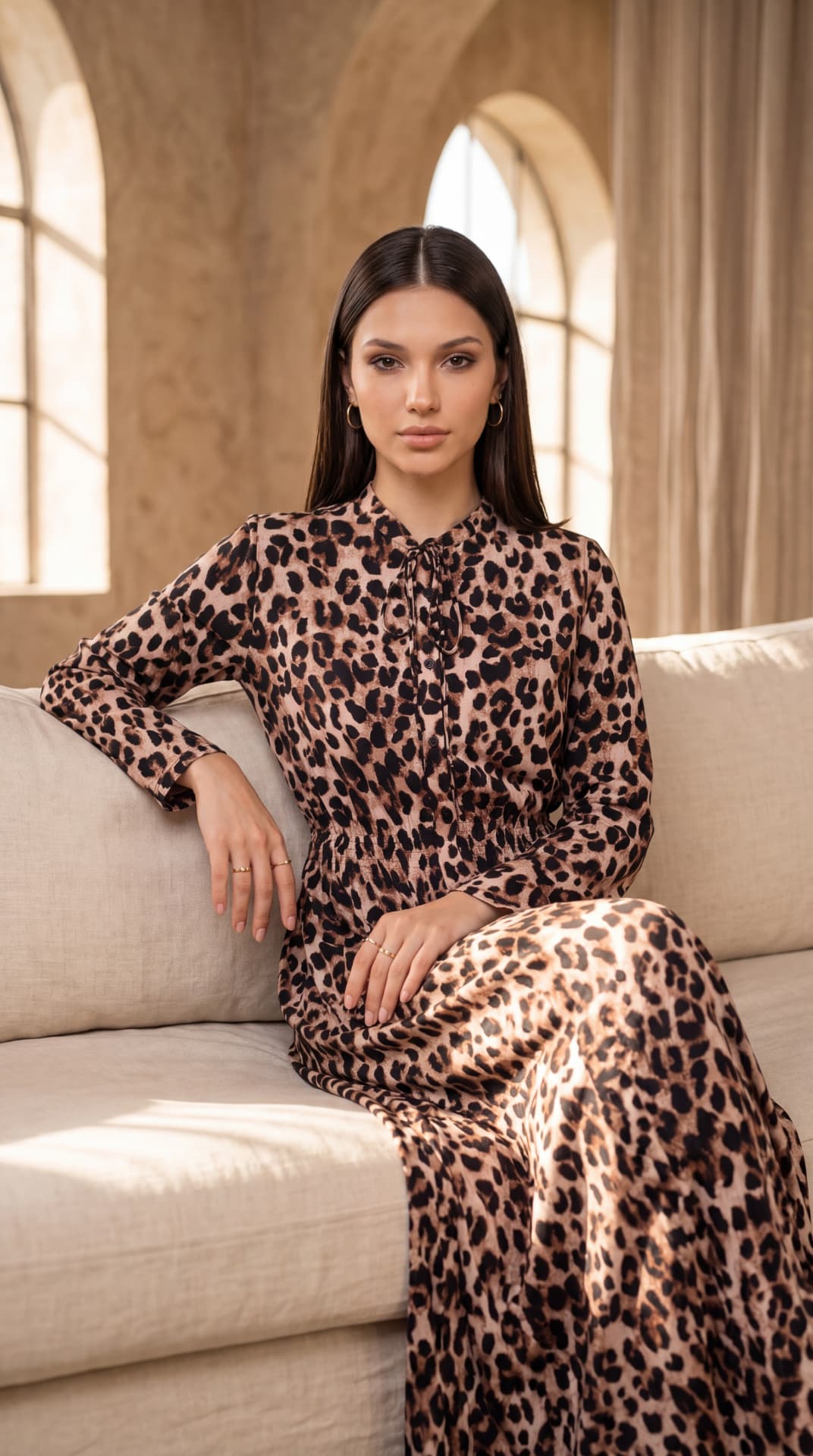 Editorial campaign styling cover — model in a leopard-print maxi shirt dress seated on a linen sofa in warm arched-window daylight
