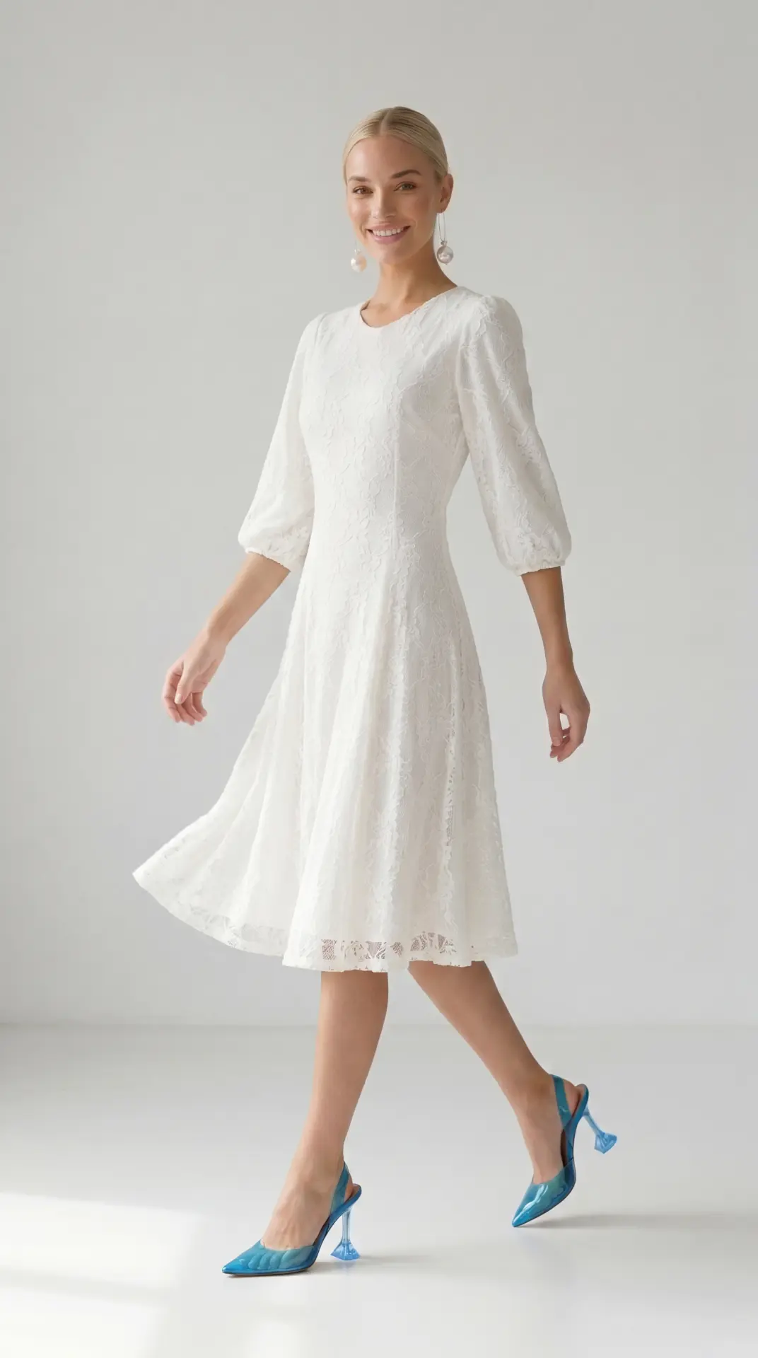 Fashion styling guide cover — model in a white lace midi dress mid-stride against a clean studio backdrop, styled with statement heels and pearl earrings